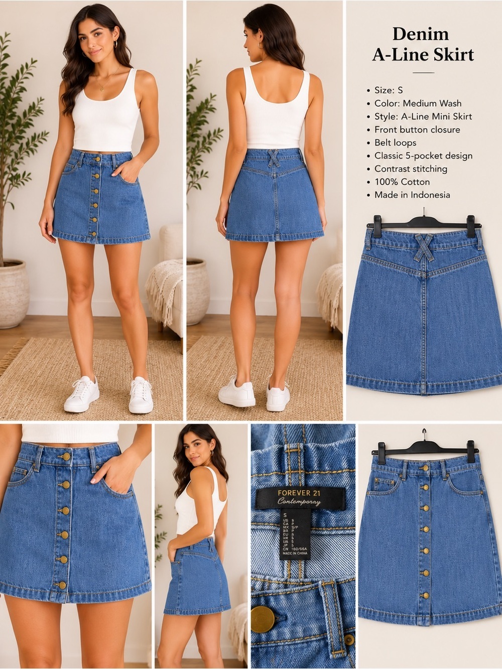 Forever 21 Blue Button-Front A-Line Denim Mini Skirt Size S
